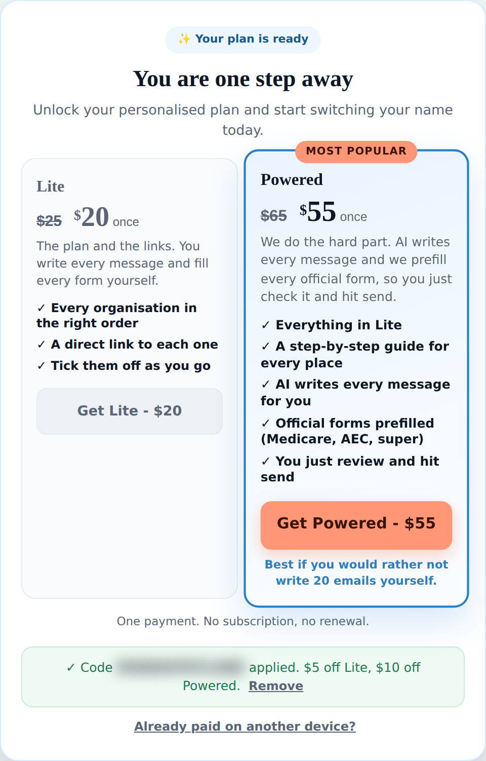 The Surname Switch checkout with a celebrant code applied: Lite drops from $25 to $20 and Powered from $65 to $55